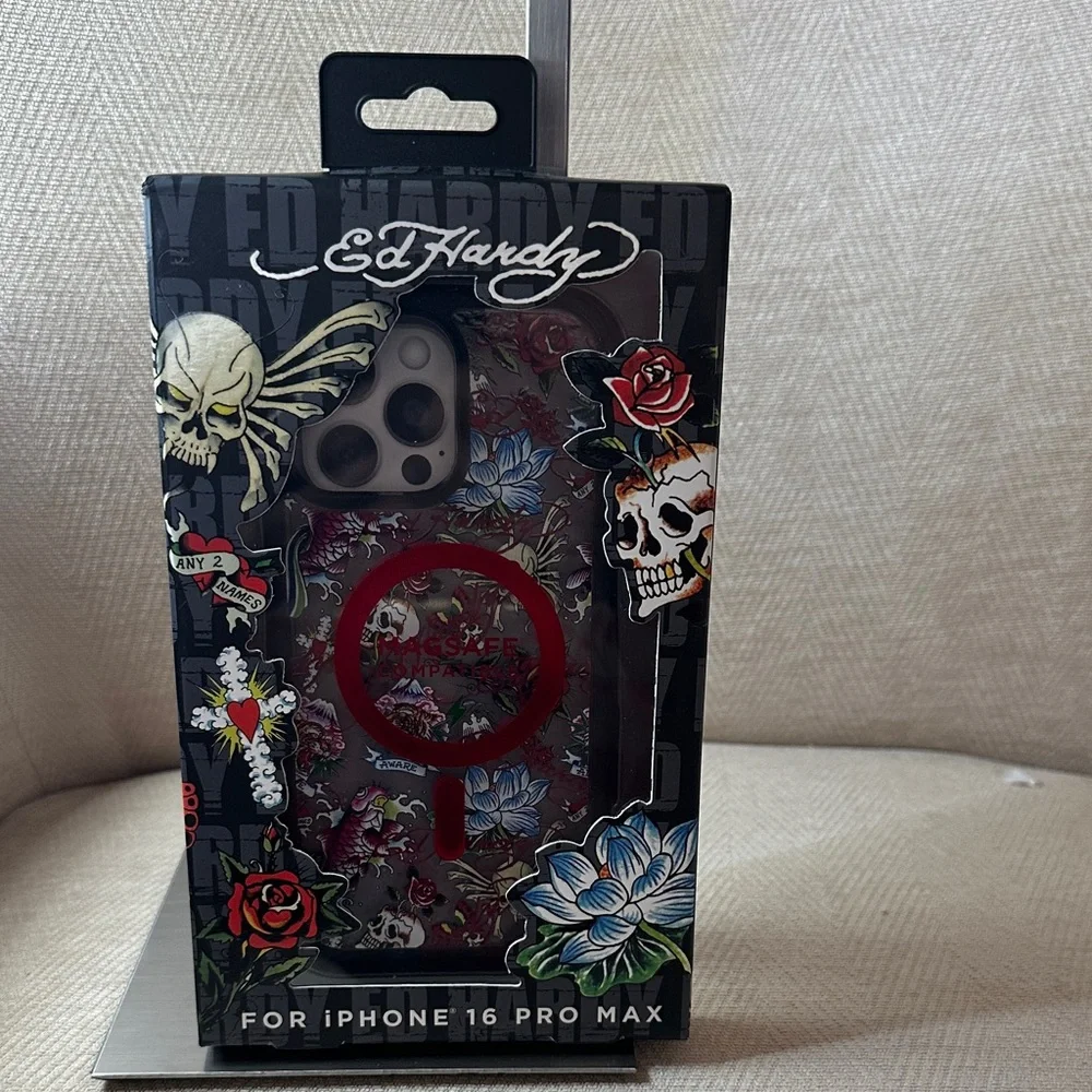 Ed Hardy Skull and Floral iPhone 16 Pro Max Case - Red and Blue
